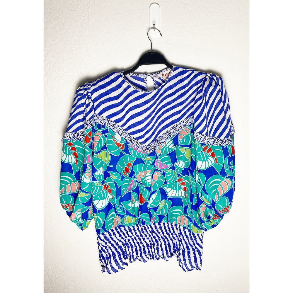 Vintage Assorti For Susan Freis Women's Blouse Shoulder Pads Smocked Waist Rare